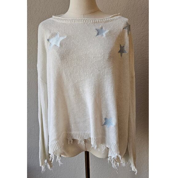 Storia Star Fringe Hem Boat Neck Sweater Emb Stars Oversized Womens Size M - Picture 1 of 8